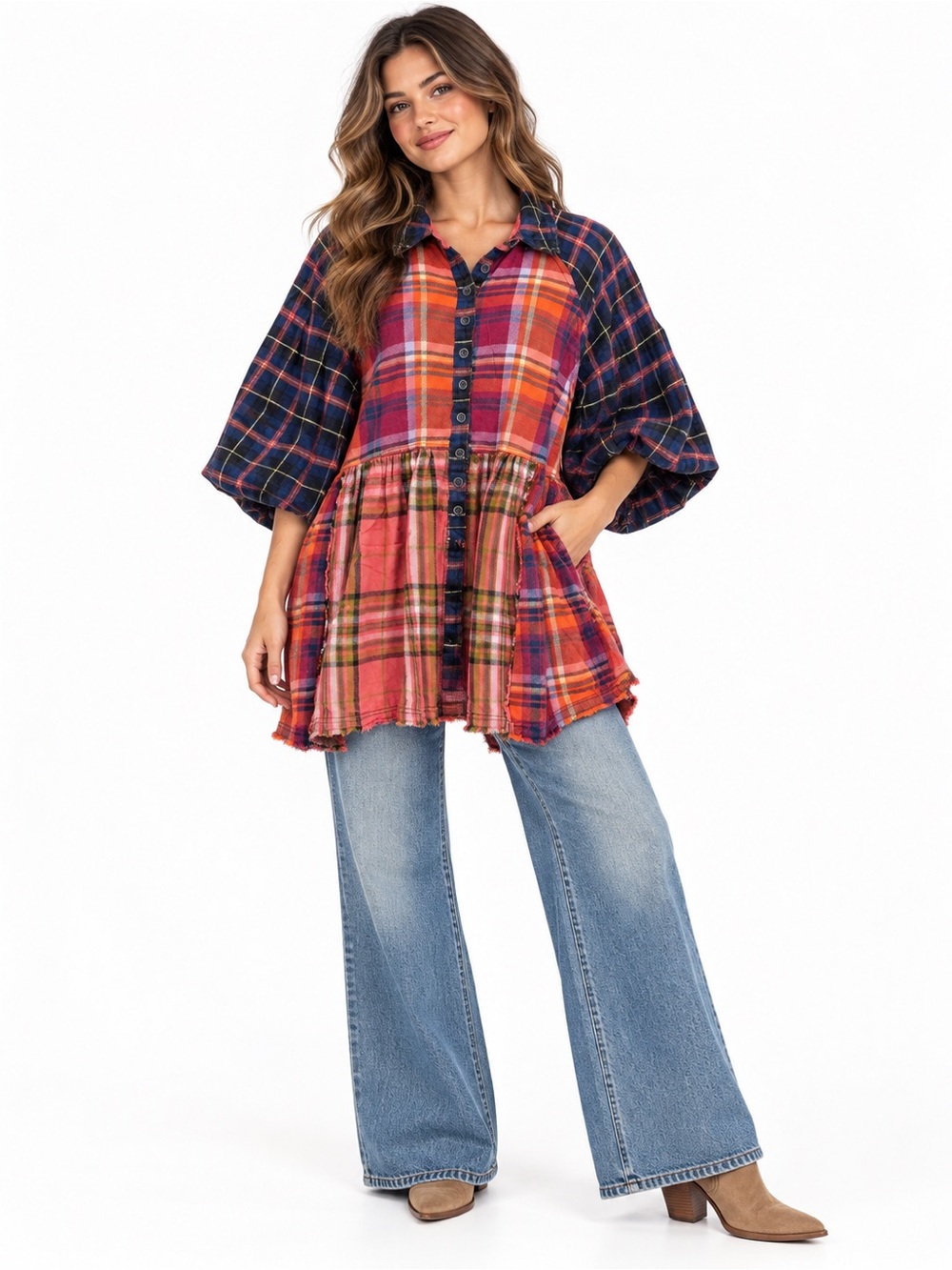 We The Free Moon Bay Plaid Patchwork Babydoll Puff Sleeve Boho Tunic Top S